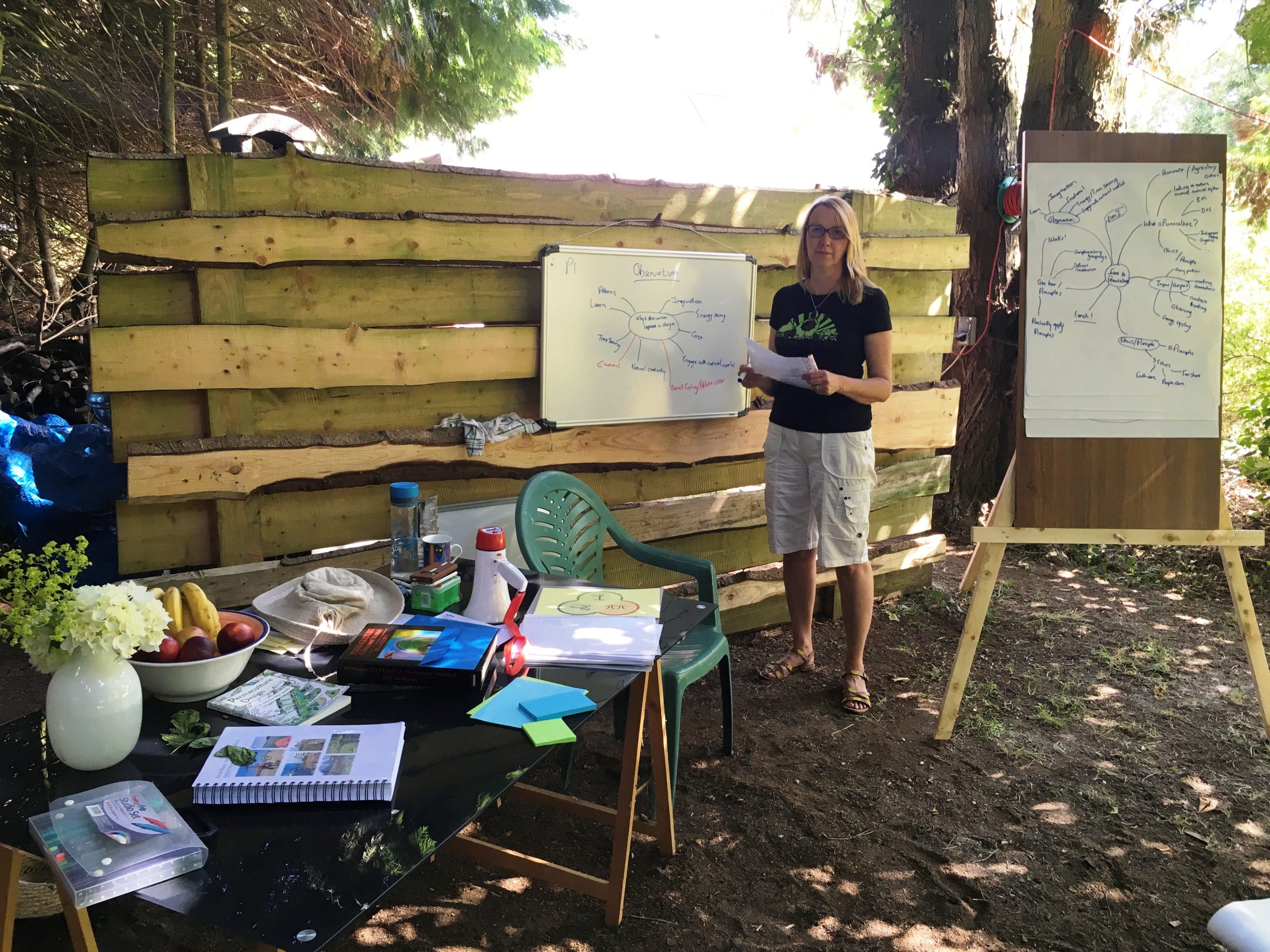 Karen talking to a group about permaculture gardening